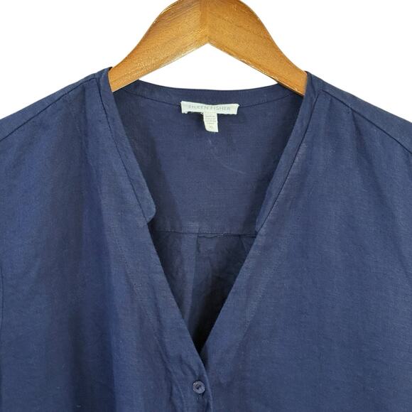 Eileen Fisher Navy Blue 100% Irish Linen Long Sleeve Button Up Shirt Womens XL - Picture 3 of 12